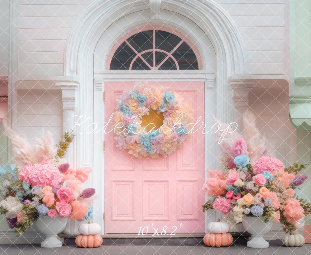 Kate Fall Pastel Front Door Flower Arch Pumpkins Backdrop Designed by Mini MakeBelieve