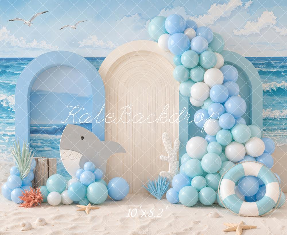 Kate Summer Birthday Ocean Shark Balloon Arch Beach Printed Backdrop Printed Backdrop Designed by Emetselch