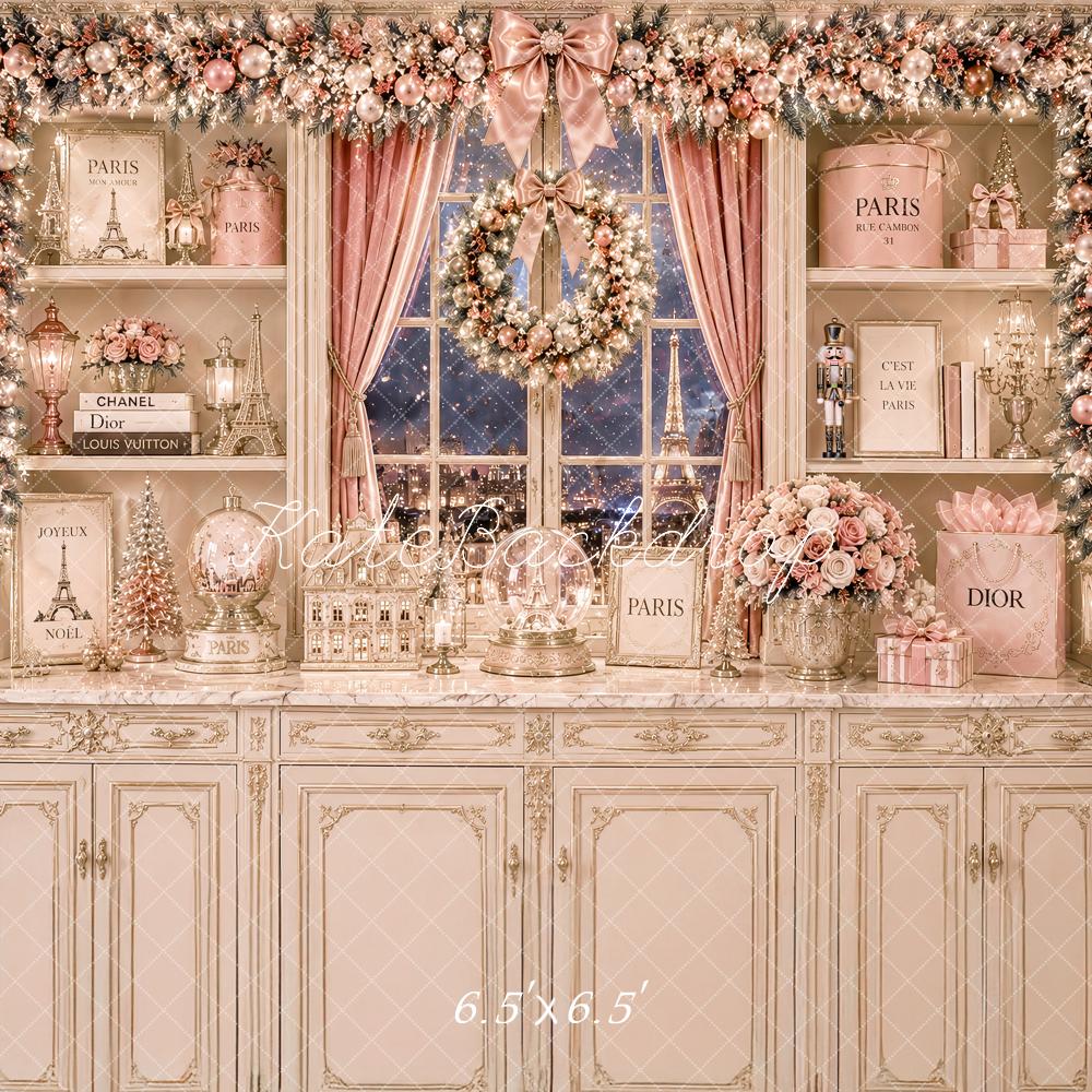 Kate Christmas Pink Paris Kitchen Cabinet Elegant Printed Backdrop Designed by Ashley Paul