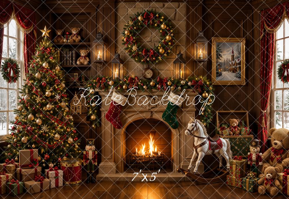 Kate Christmas Fireplace Tree Presents Rocking Horse Teddy Bear Printed Backdrop Designed by Emetselch