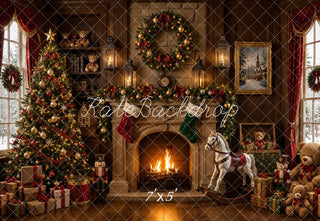 Kate Christmas Fireplace Tree Presents Rocking Horse Teddy Bear Printed Backdrop Designed by Emetselch