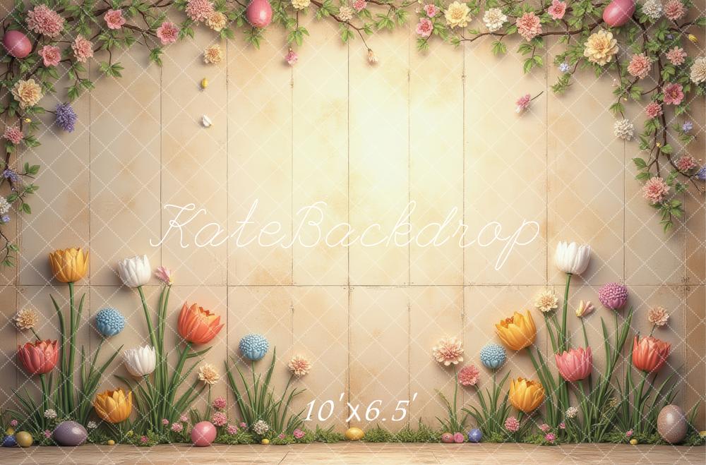 Kate Easter Flower Arch Pastel Eggs Beige Wall Backdrop Designed by Laura Bybee