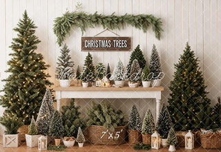 Kate Christmas Trees Pine Garland Basket Lanterns Printed Backdrop Designed by Emetselch