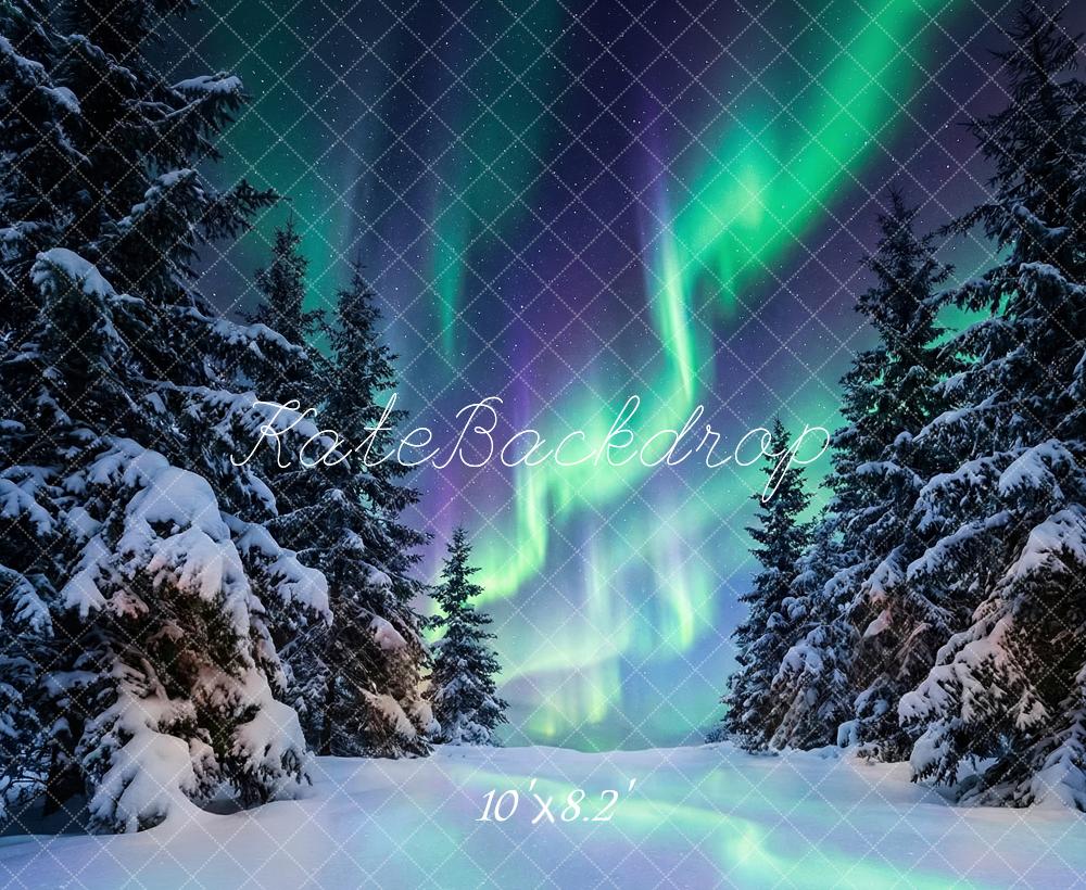 Kate Winter Aurora Borealis Snowy Pine Trees Printed Backdrop Designed by Happy Squirrel Design
