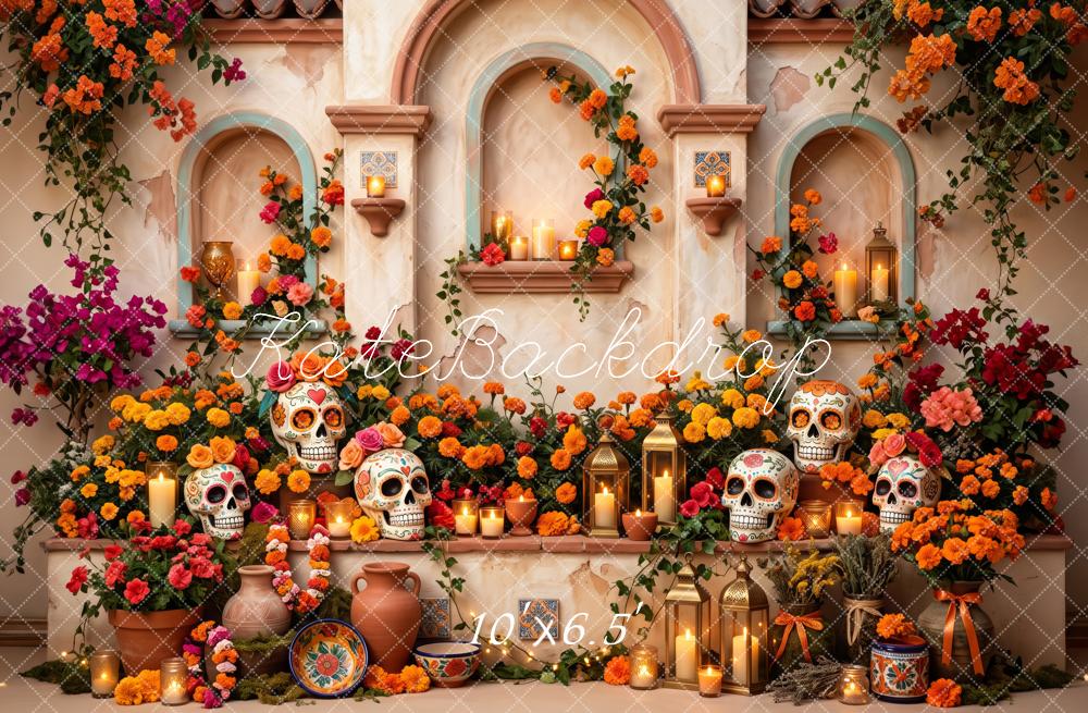 Kate Day Of The Dead Mexican Flowers Skull Altar Printed Backdrop Designed by Patty Roberts