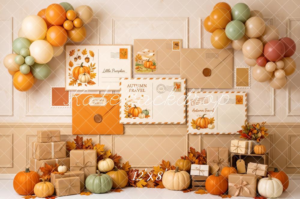 Kate Fall Birthday Postcard Gifts Balloon Pumpkins Printed Backdrop Designed by Patty Roberts