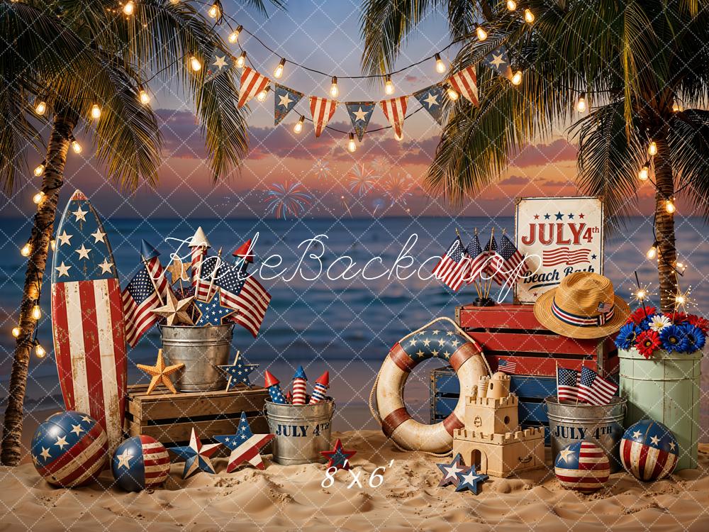 Kate 4th Of July Beach Surfboard Palm Trees Flags Fireworks Printed Backdrop Designed by Emetselch
