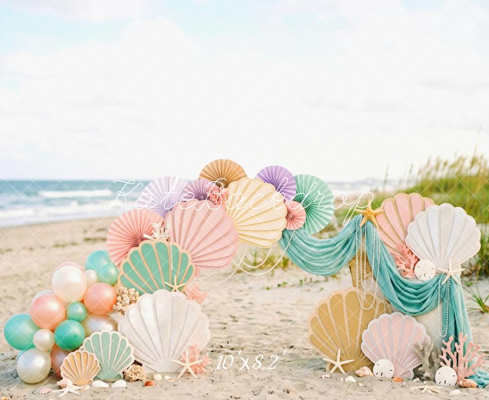 Kate Mermaid Cake Smash Seashell Coral Balloon Beach Printed Backdrop Designed by Patty Roberts
