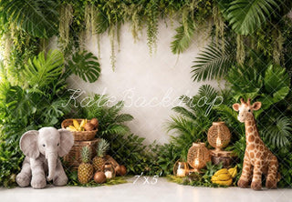 Kate Jungle Greenery Elephant Giraffe Plush Fruit Printed Backdrop Designed by Vertigo Productions