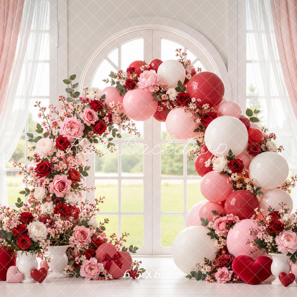 Kate Valentine's Day Floral Balloon Arch Window Curtains Roses Printed Backdrop Designed by Emetselch