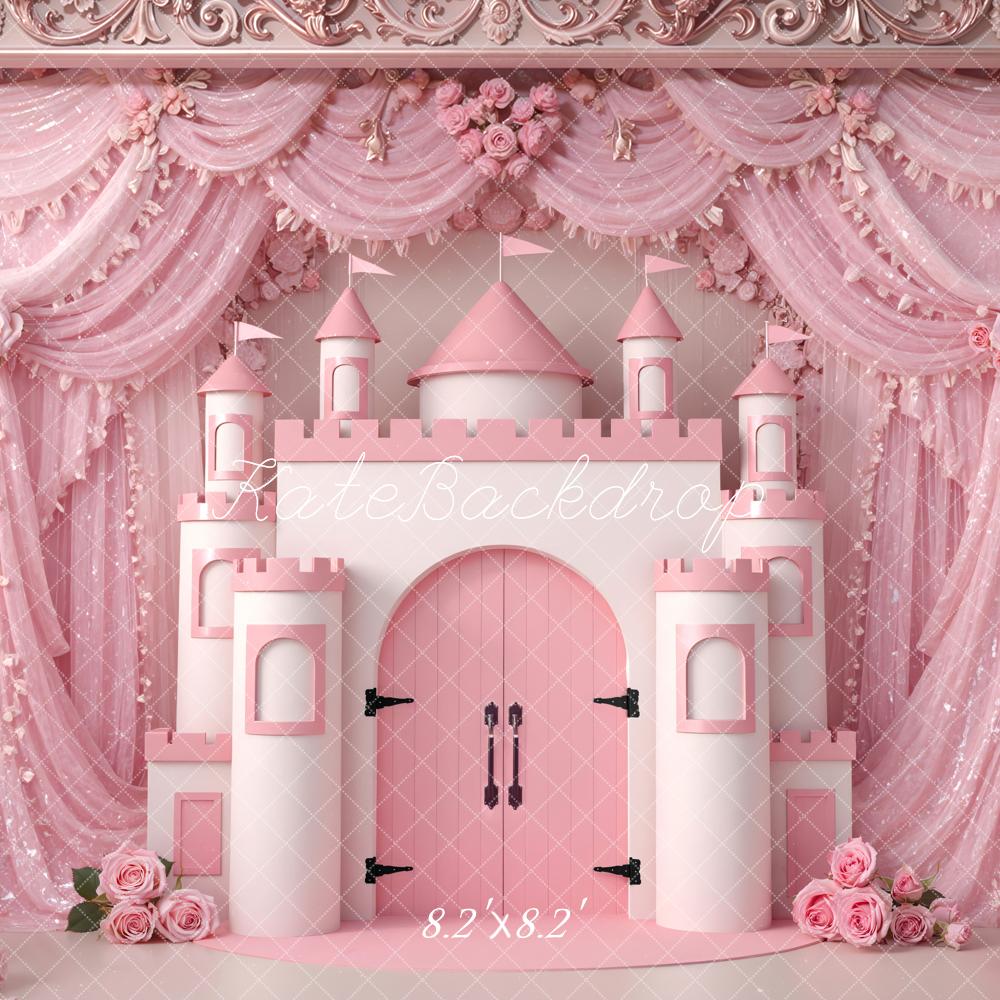 Kate Pink Castle Flower Arch Drapes Printed Backdrop Designed by Mini MakeBelieve