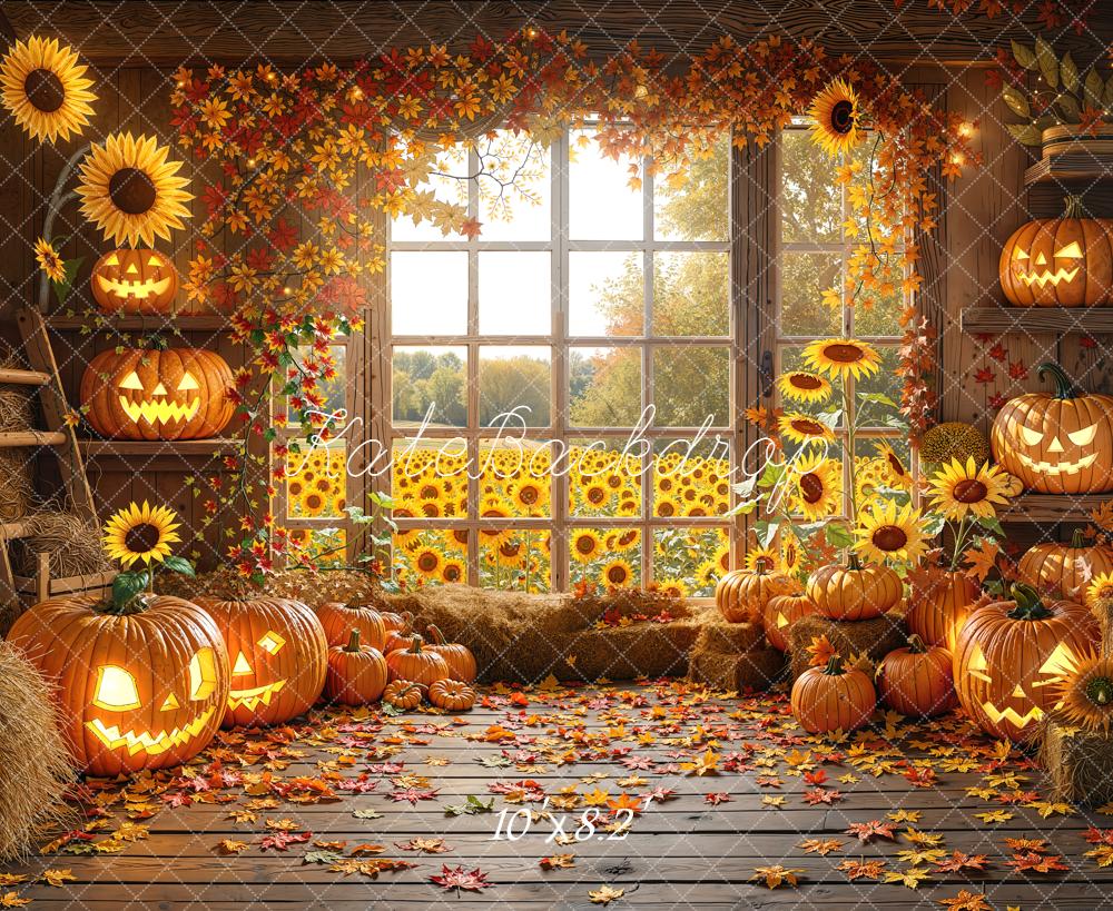 Kate Halloween Fall Sunflower Pumpkin Leaves Backdrop Designed by Emetselch