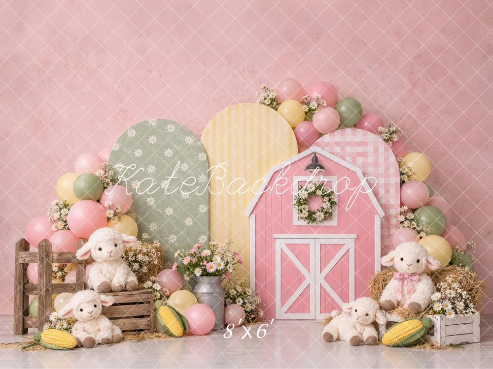 Kate Cake Smash Pink Barn Lambs Balloons Flowers Printed Backdrop Designed by Laura Bybee