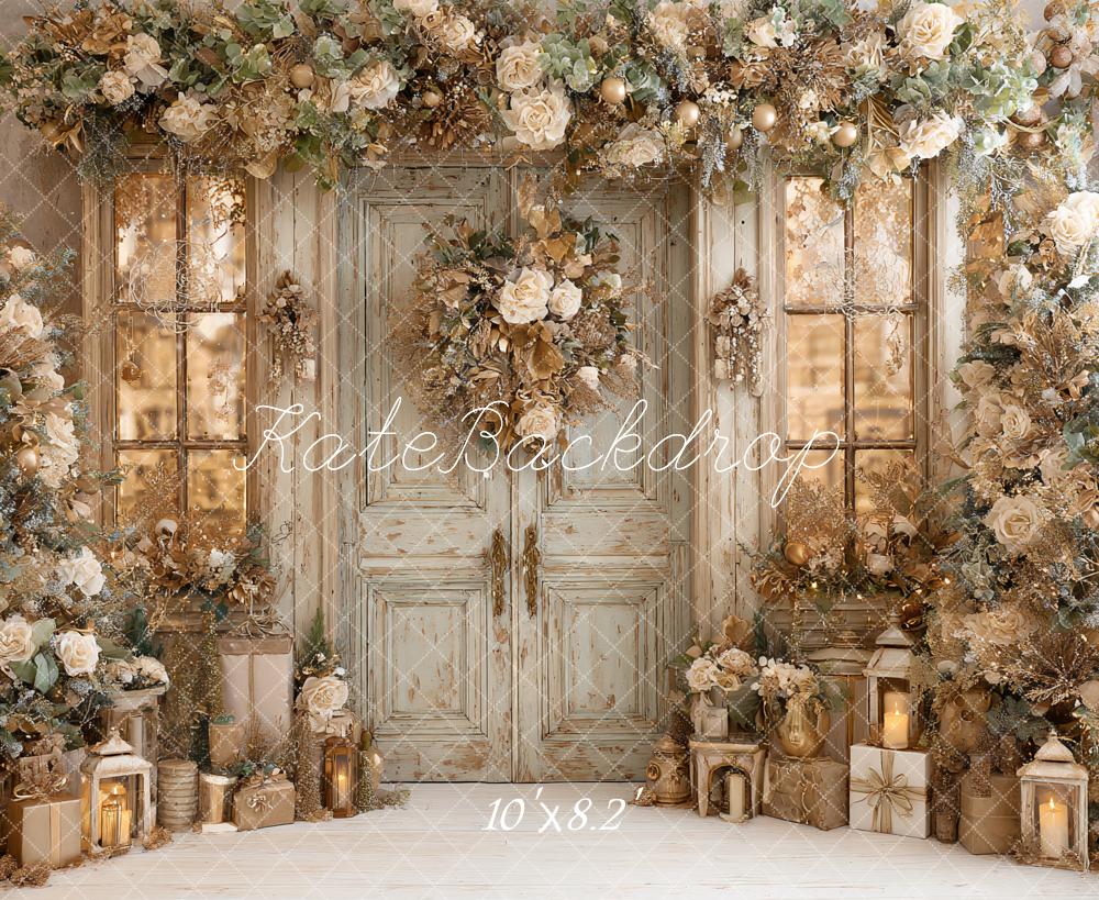 Kate Christmas Gold Floral Rustic Door Backdrop Designed by Ashley Paul