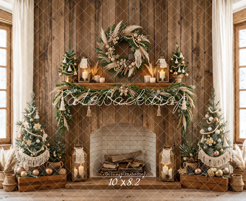 Kate Christmas Rustic Wood Fireplace Boho Wreath Garland Trees Printed Backdrop Designed by Emetselch