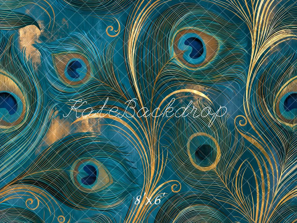 Kate Fine Art Teal Peacock Feather Gold Swirl Pattern Printed Backdrop Designed by Angela Miller