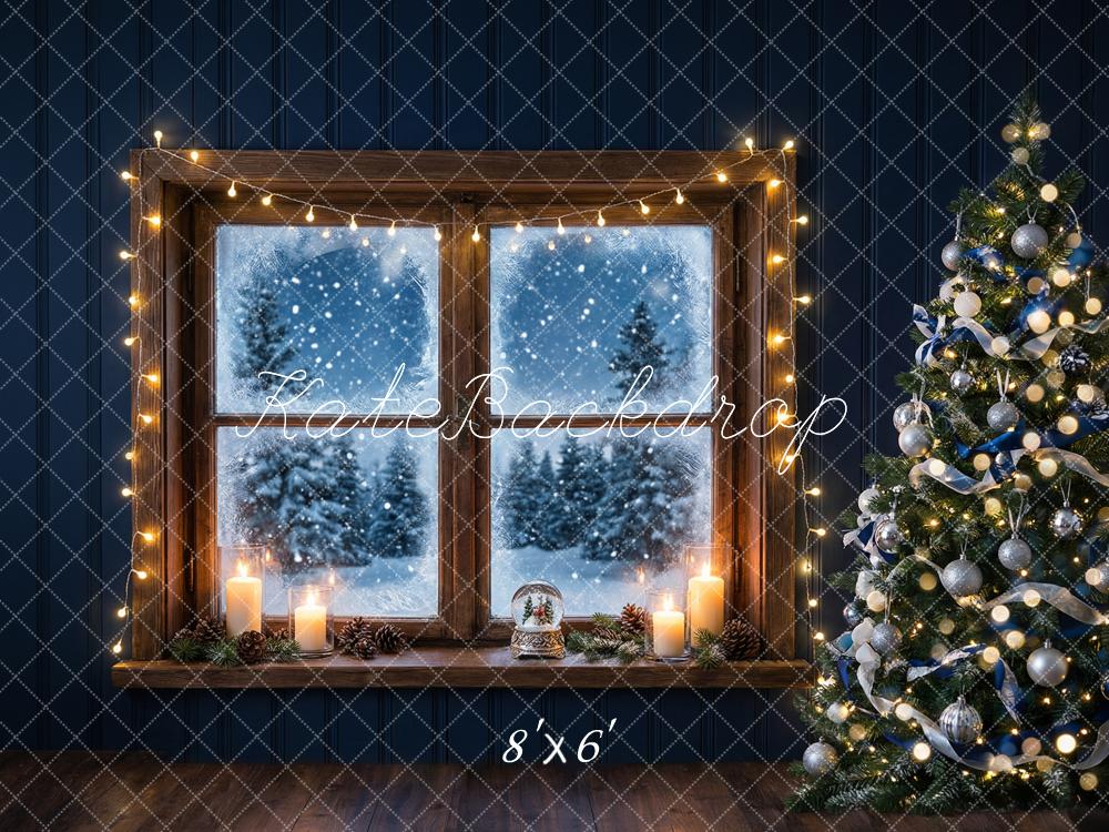 Kate Christmas Window Tree Snowy Night Printed Backdrop Designed by Happy Squirrel Design