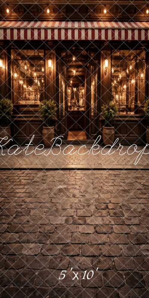 Kate Sweep Striped Awning Vintage Cafe Cobblestone Street Printed Backdrop Designed by Vertigo Productions