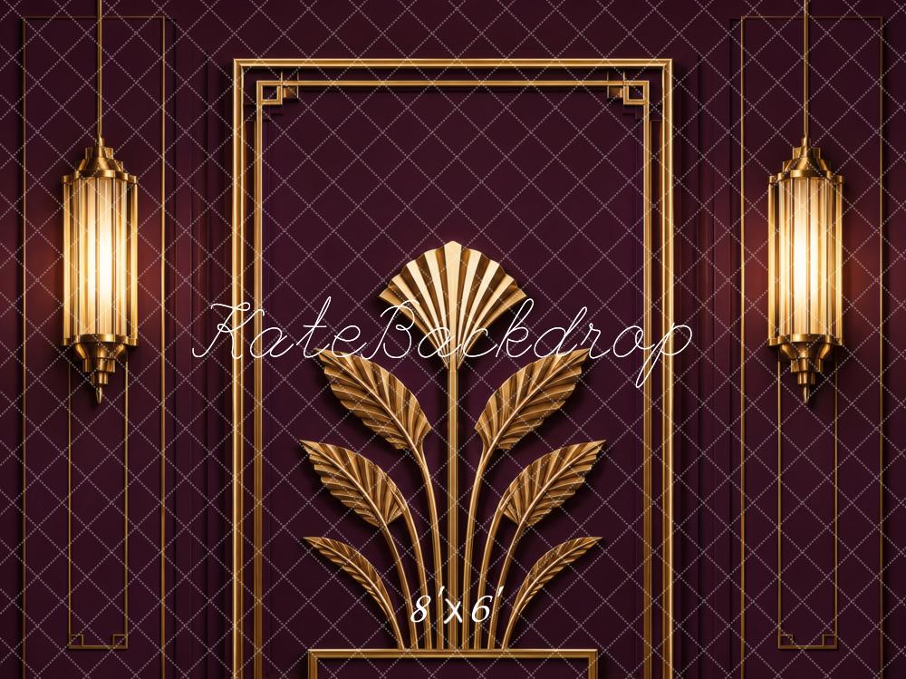 Kate 20's Retro Art Deco Gold Wall Sconces Burgundy Wall Printed Backdrop Designed by Vertigo Productions