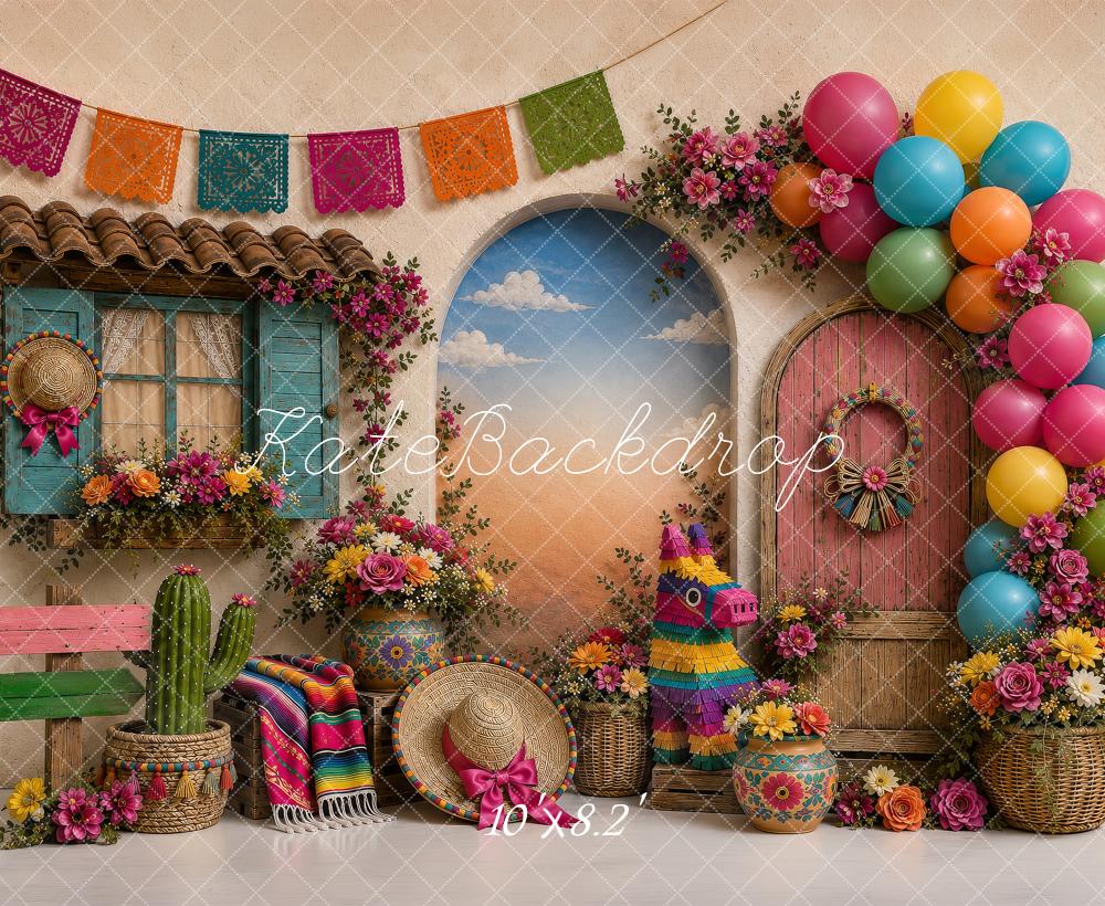 Kate Cake Smash Mexican Fiesta Piñata Balloons Papel Picado Printed Backdrop Designed by Shutter Swan Studios