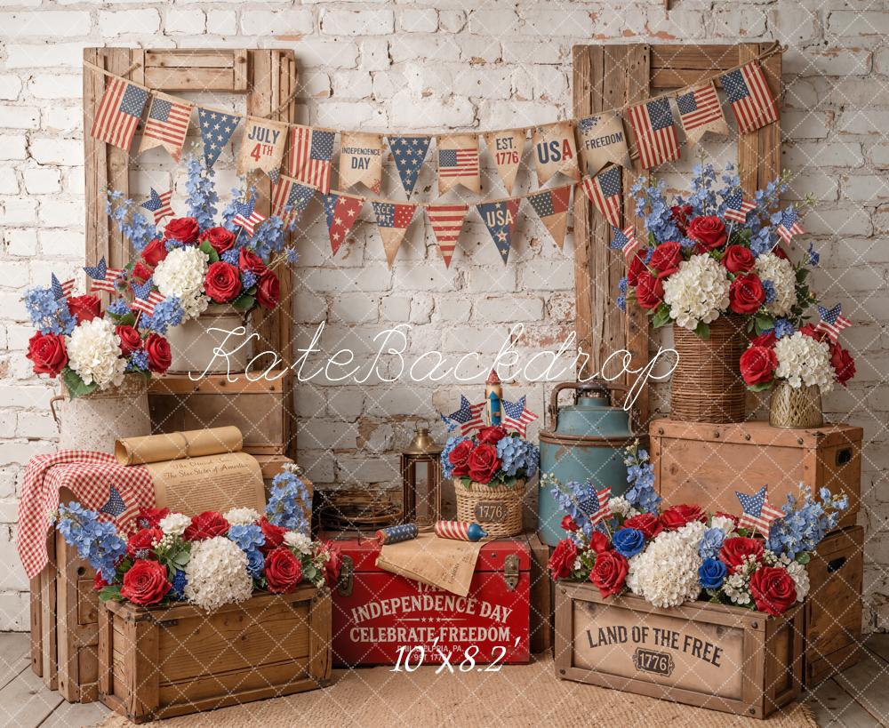 Kate Fourth of July Patriotic Crates Flowers Flags Printed Backdrop Designed by Emetselch