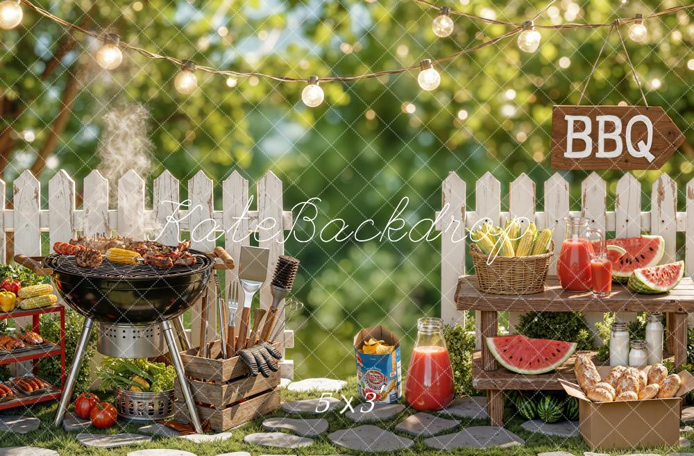 Kate Summer BBQ Grill Picnic White Picket Fence String Lights Printed Backdrop Designed by Chain Photography