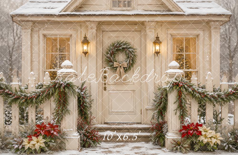 Kate Christmas White Cottage Snow Garland Wreath Printed Backdrop Designed by Emetselch