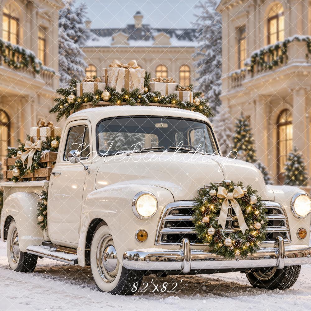 Kate Christmas Vintage Truck Gifts Snowy Courtyard Printed Backdrop Designed by Emetselch