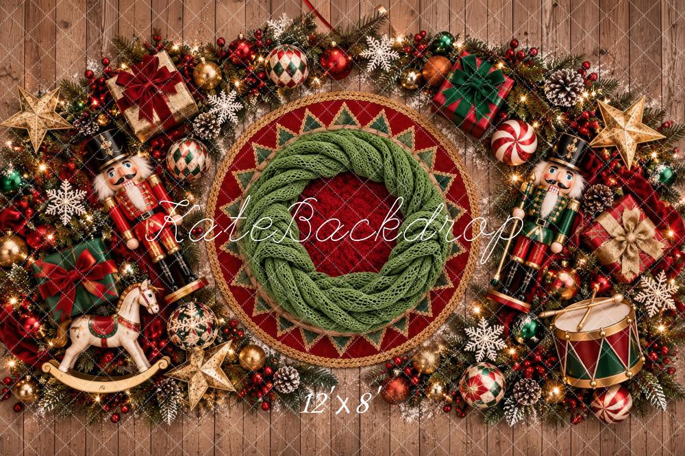 Kate Christmas Newborn Nutcracker Wreath Garland Red Green Printed Backdrop Designed by Laura Bybee