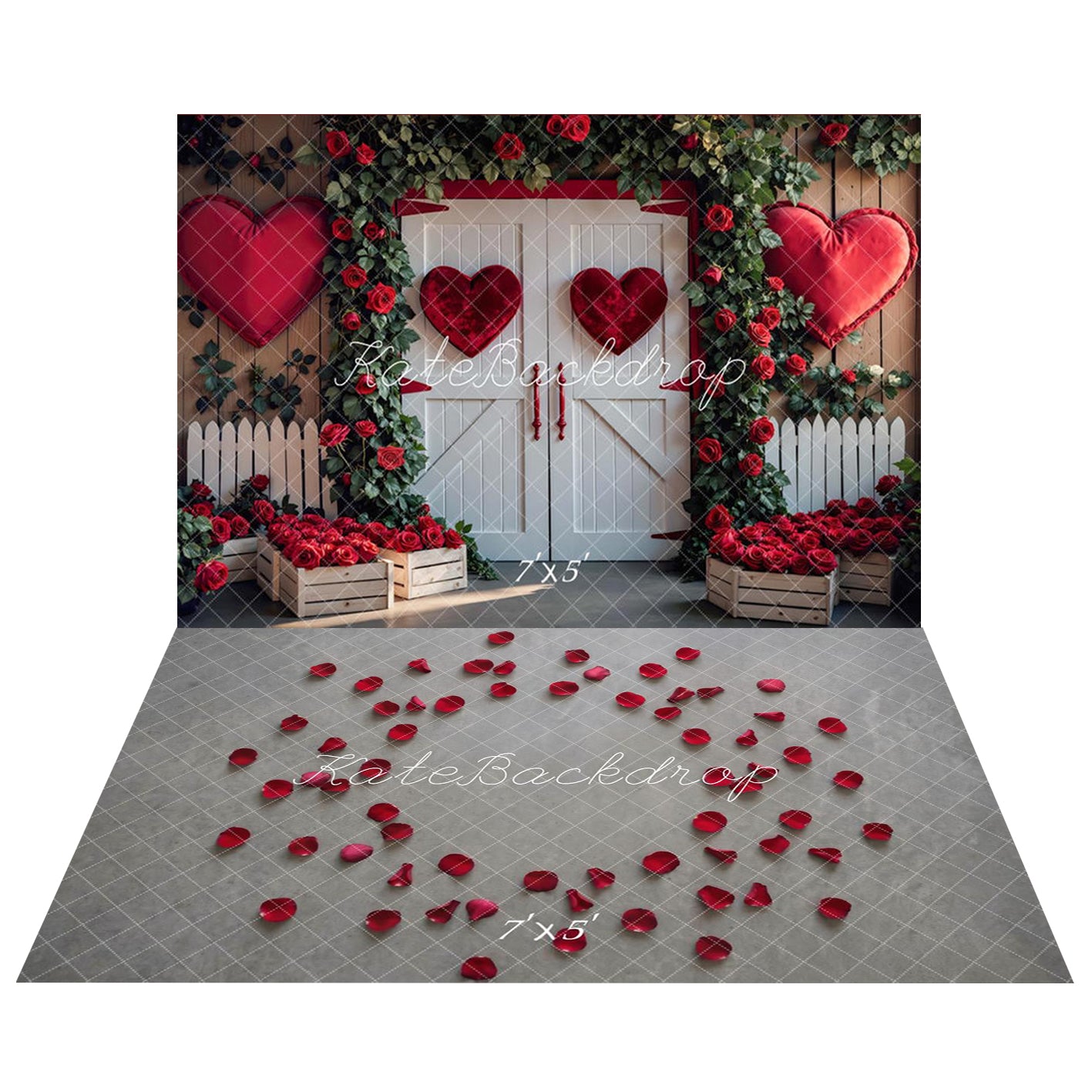 Kate Valentine's Day Barn Door Red Hearts Roses Backdrop+Red Rose Petals on Gray Background Floor Backdrop