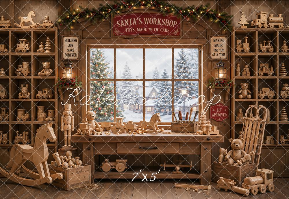 Kate Christmas Santa Workshop Wooden Toys Window Printed Backdrop Designed by Emetselch