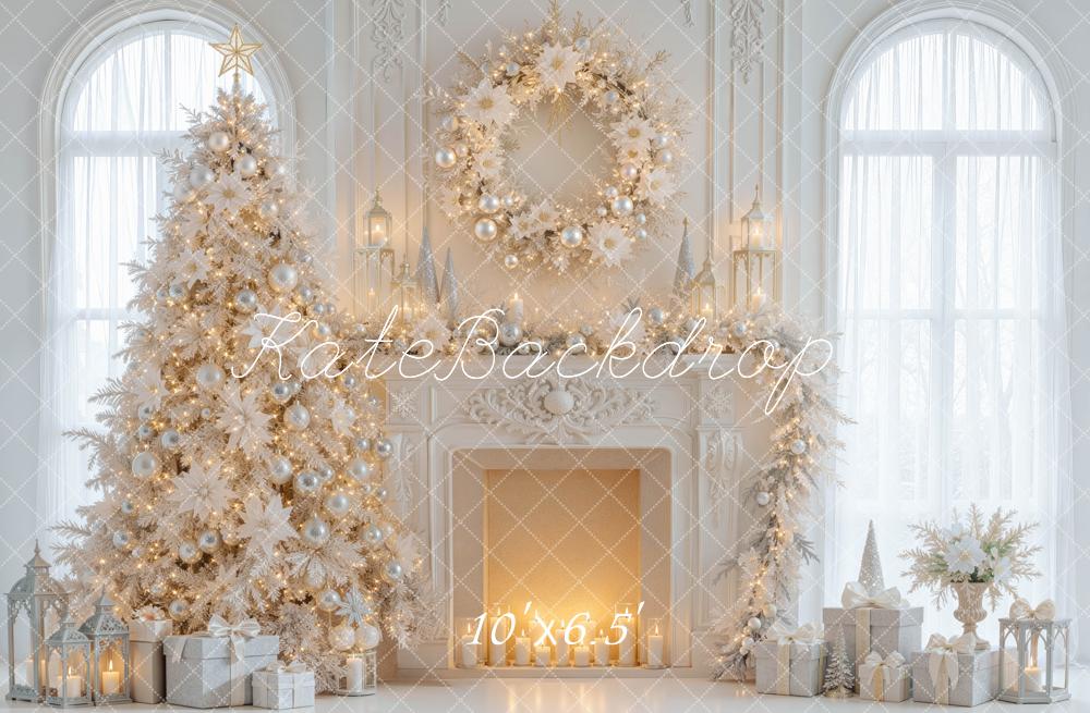 Kate Christmas Tree White Elegant Wreath Fireplace Printed Backdrop Designed by Mini MakeBelieve