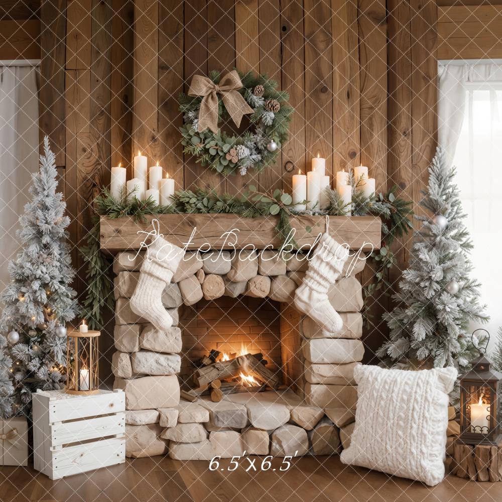 Kate Christmas Fireplace Wreath Stockings Trees Backdrop Designed by Emetselch