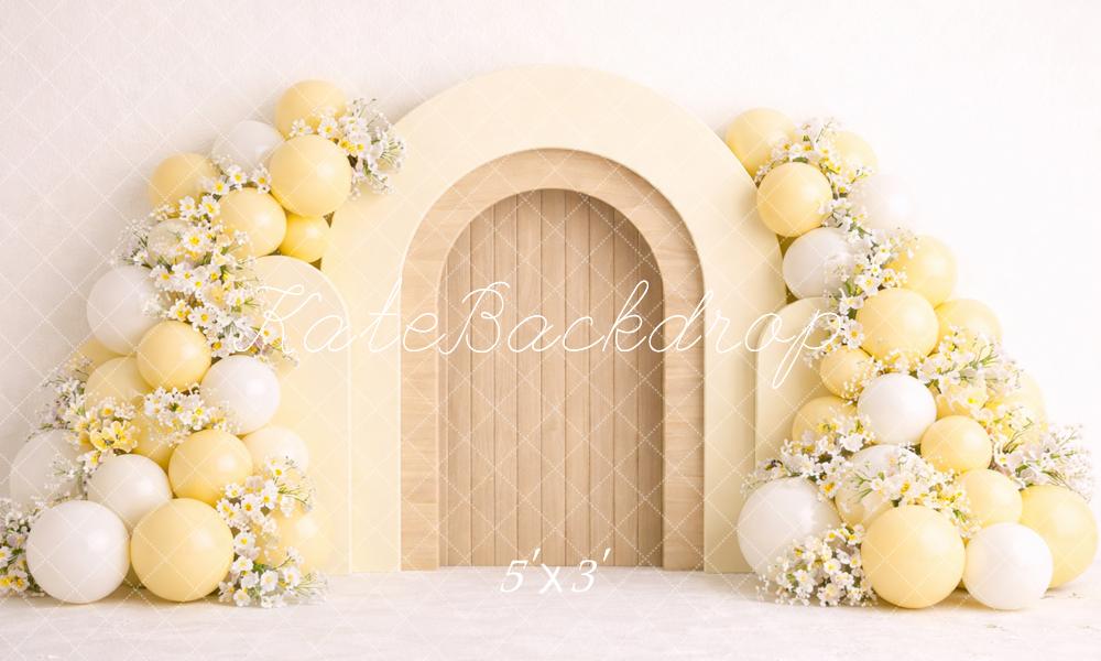 Kate Cake Smash Yellow Arch Balloon Flower Printed Backdrop Designed by Caitlin Lynch