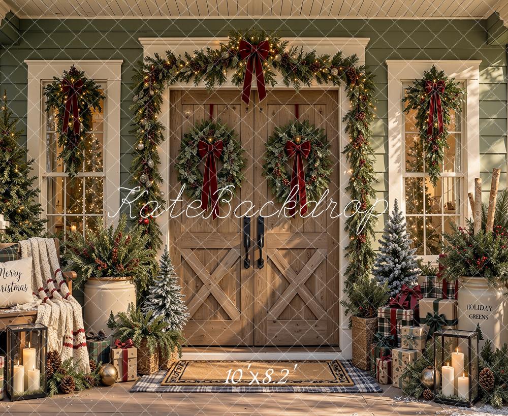 Kate Christmas Rustic Wood Front Door Garland Wreaths Blanket Printed Backdrop Designed by Shutter Swan Studios