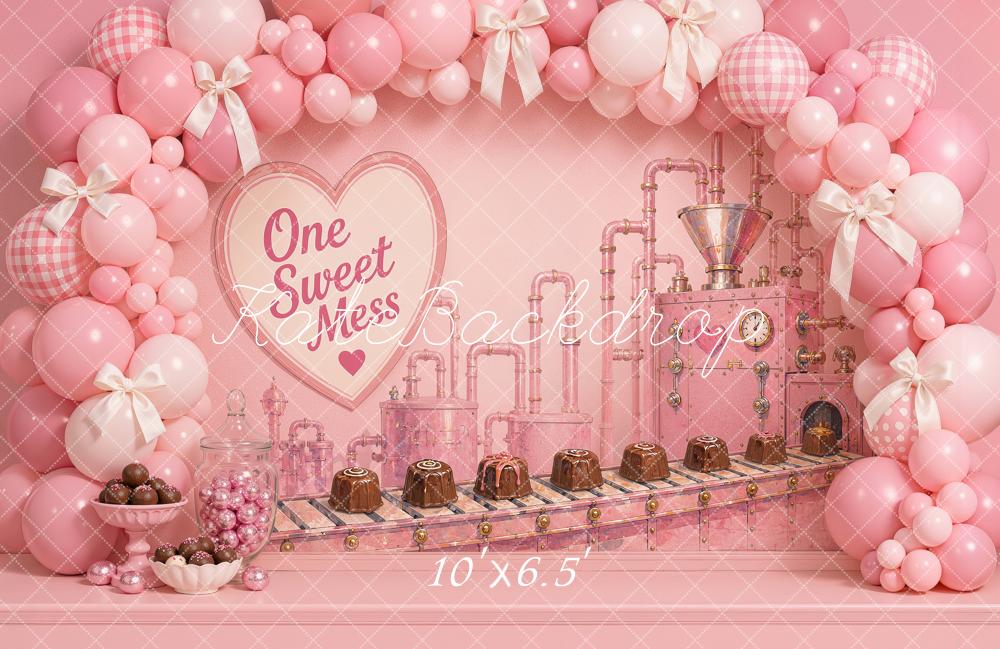 Kate Cake Smash Pink Candy Factory Balloon Arch Chocolates Printed Backdrop Designed by Ashley Ward