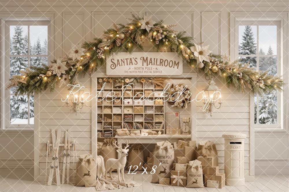 Kate Christmas Mailroom Garland Gifts Reindeer White Window Printed Backdrop Designed by Emetselch