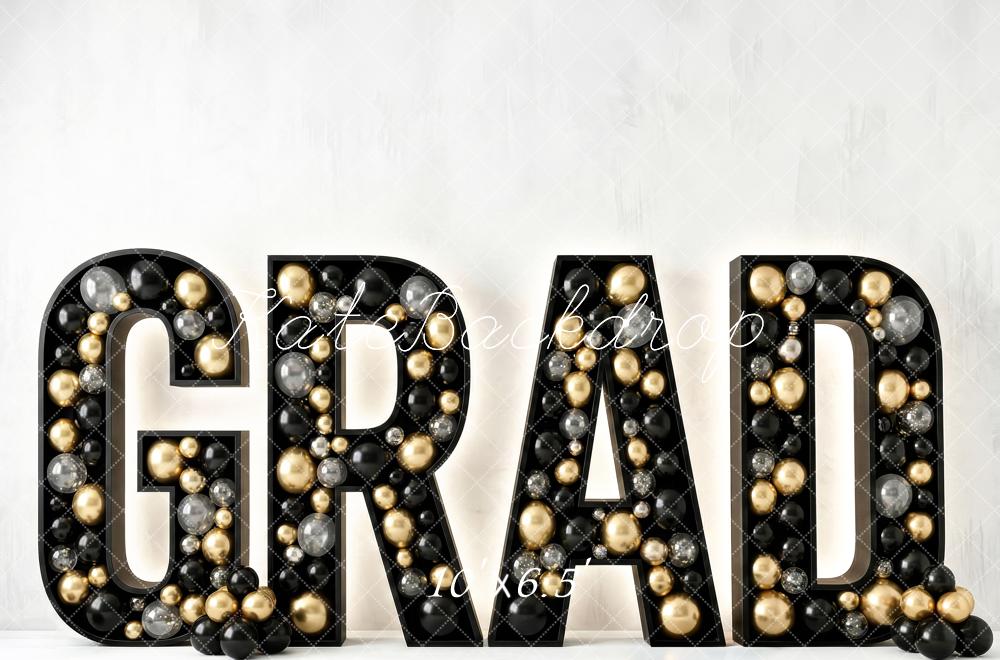 Kate Graduation Black Gold Silver Balloons Printed Backdrop Designed by Patty Roberts