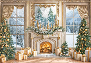 Kate Christmas Tree Gorgeous Fireplace Winter Window Printed Backdrop Designed by Emetselch