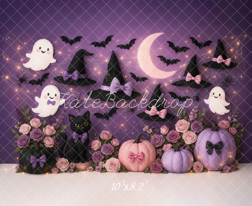 Fondo de Halloween Bruja Fantasmas Morados Calabazas Diseñado por Ashley Paul