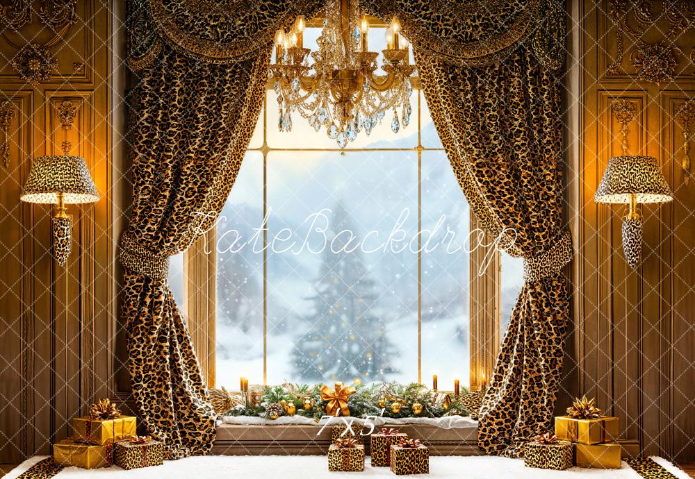 Kate Christmas Luxury Leopard Curtains Chandelier Window Gifts Backdrop Designed by Emetselch