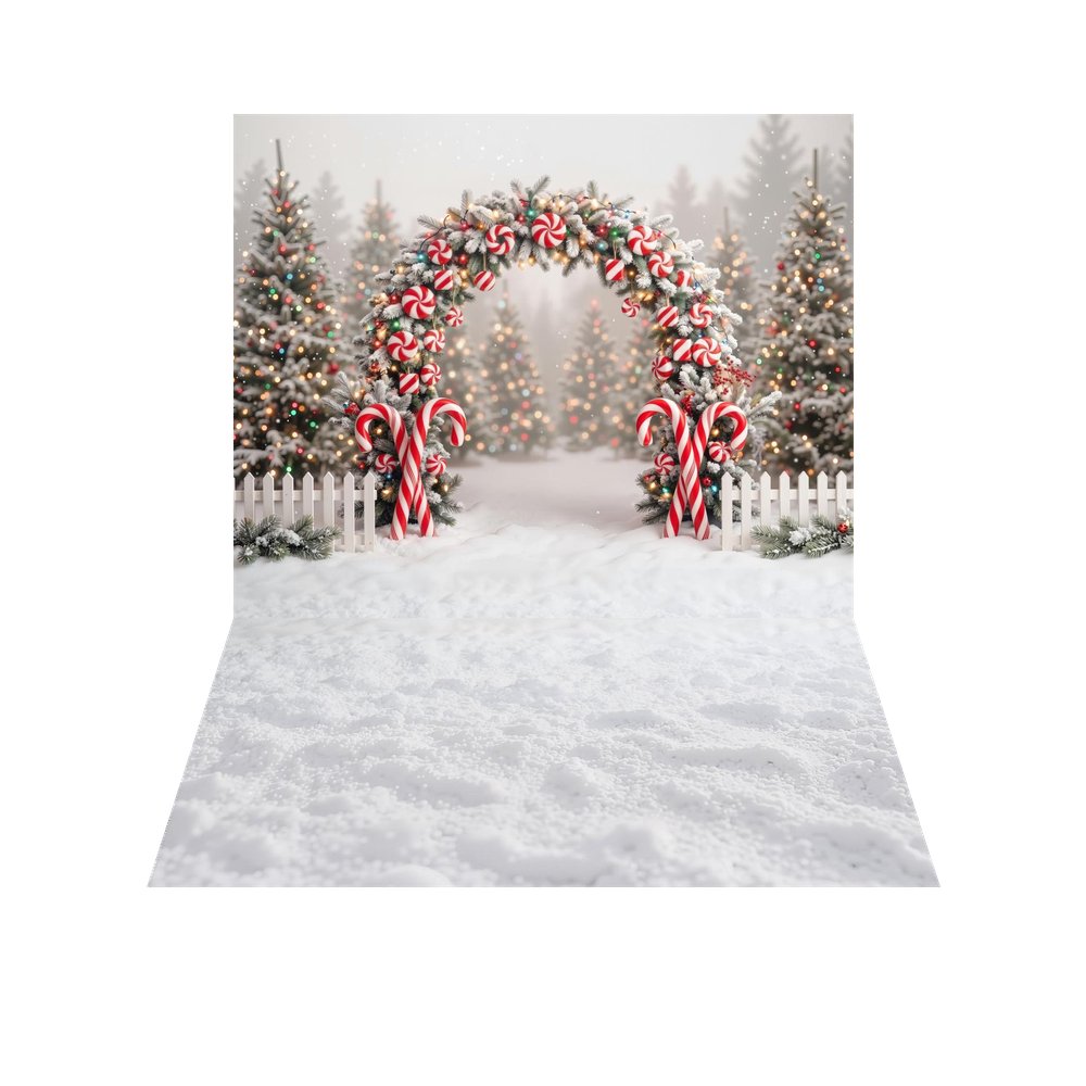 TEST Kate Christmas Flower Arch Candy Cane Peppermint Snowy Trees Printed Backdrop+White Snow Ground Texture Printed Backdrop