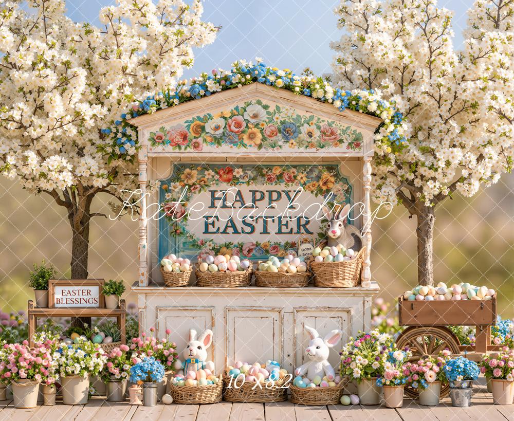 Kate Easter Bunny Floral Market Eggs Baskets Cherry Blossom Printed Backdrop Designed by Emetselch
