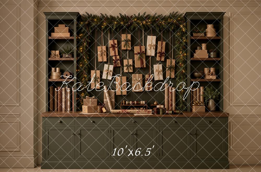Kate Christmas Gift Garland Cabinet Green Printed Backdrop Designed by Ashley Ward