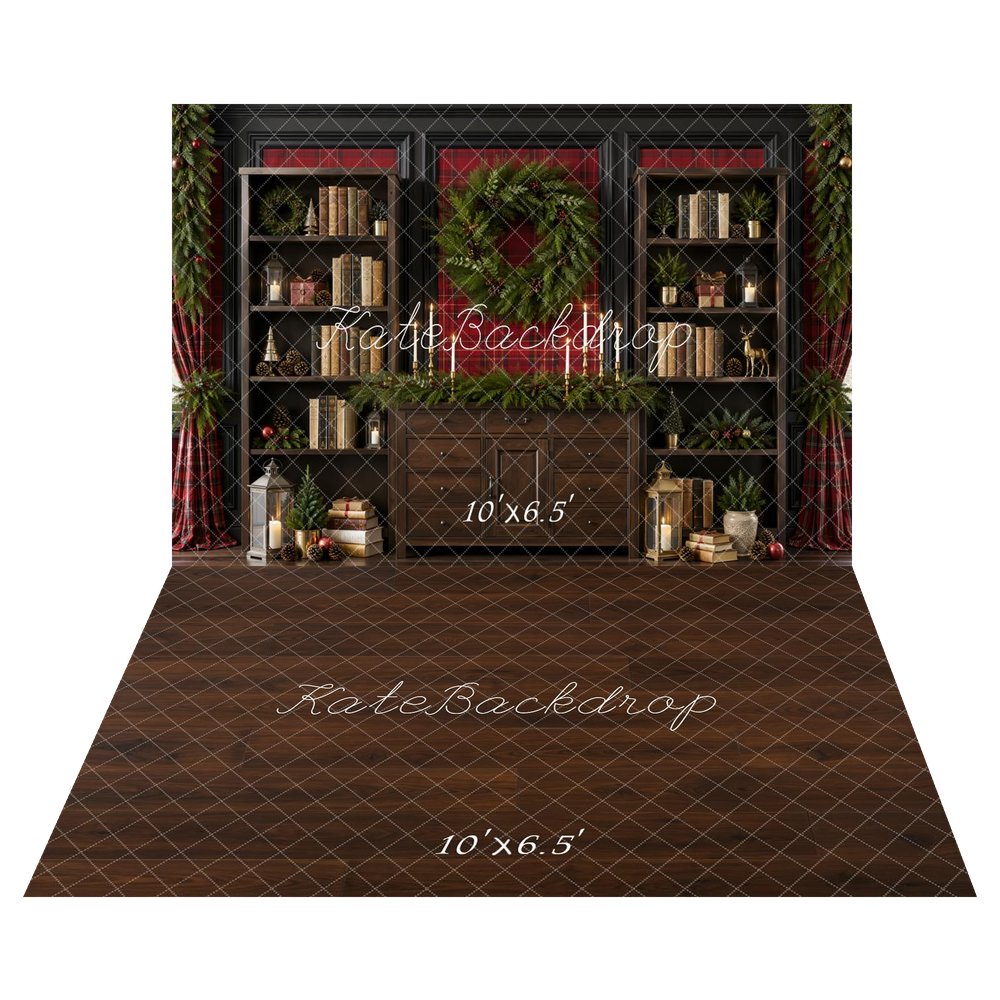 Kate Christmas Black Library Bookshelves Wreath Cabinet Printed Backdrop+Dark Brown Wood Floor Backdrop Printed Backdrop
