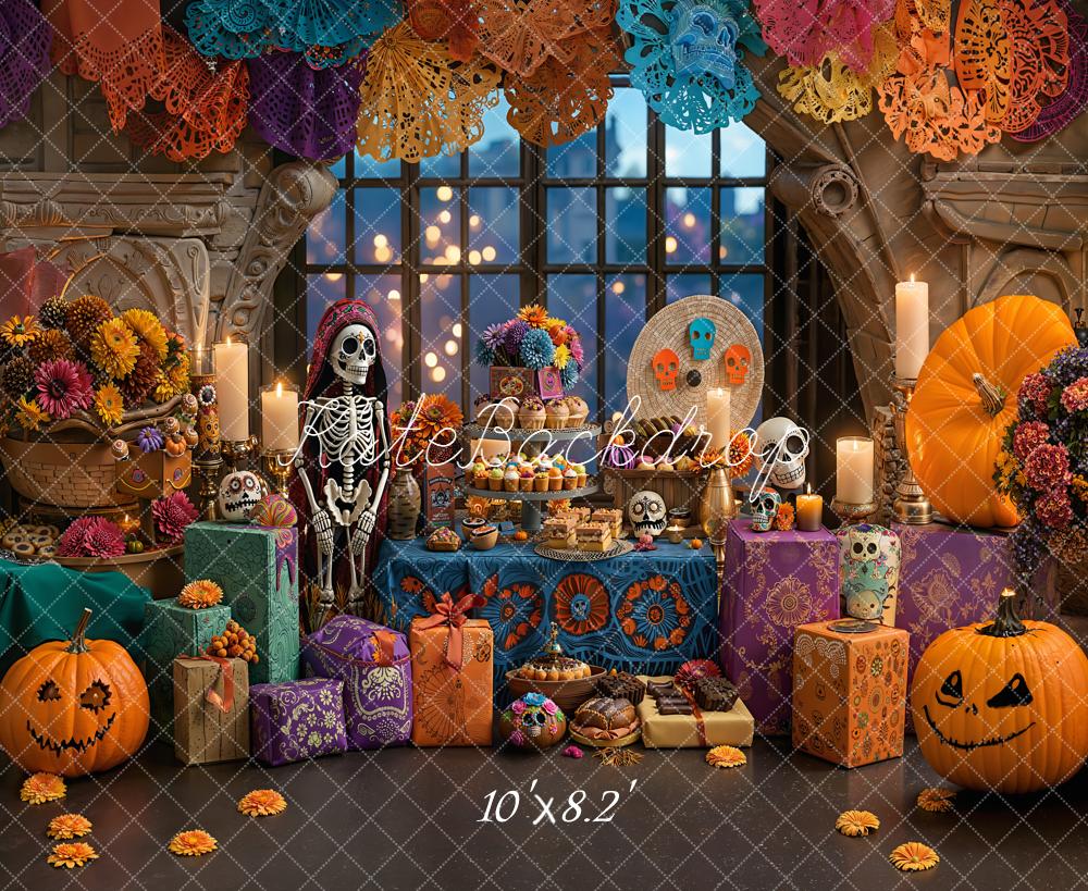 Kate Halloween Day Of The Dead Skeleton Colorful Pumpkins Floral Backdrop Designed by Emetselch