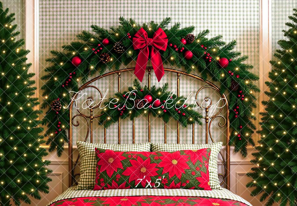 Kate Christmas Headboard Poinsettia Garland Trees Red Bow Backdrop Designed by Mini MakeBelieve