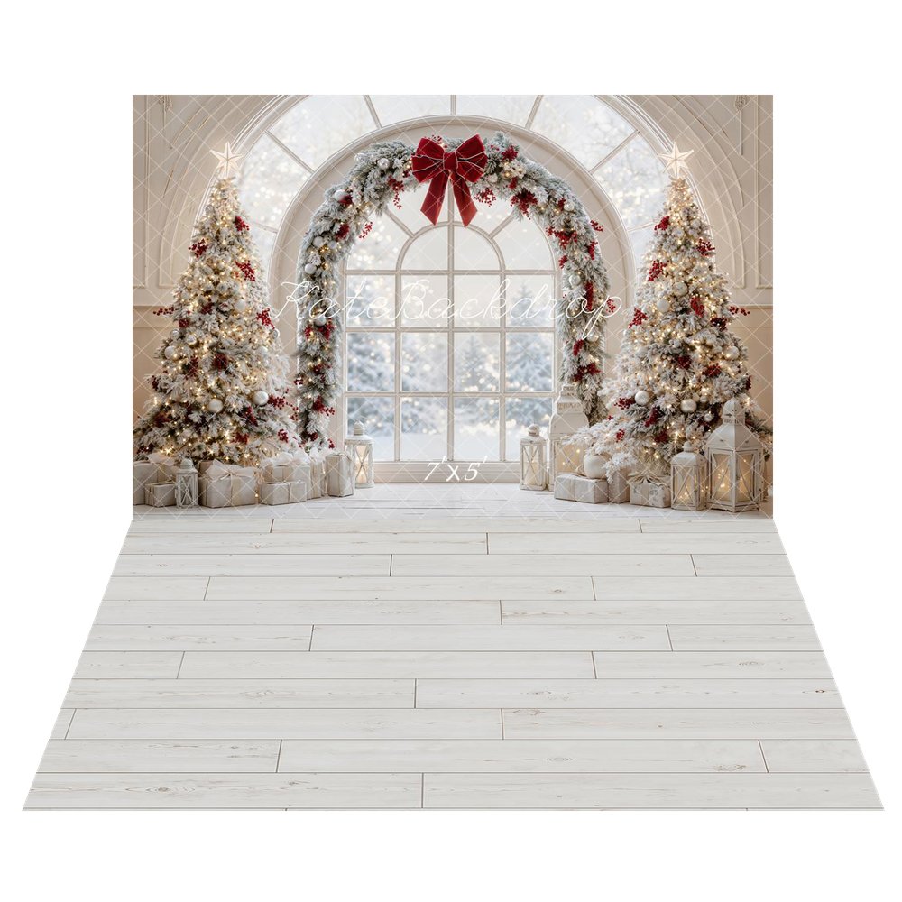 Kate Christmas Trees Arched Window Red Bow Garland Snowy Printed Backdrop+White Wood Plank Floor Printed Backdrop