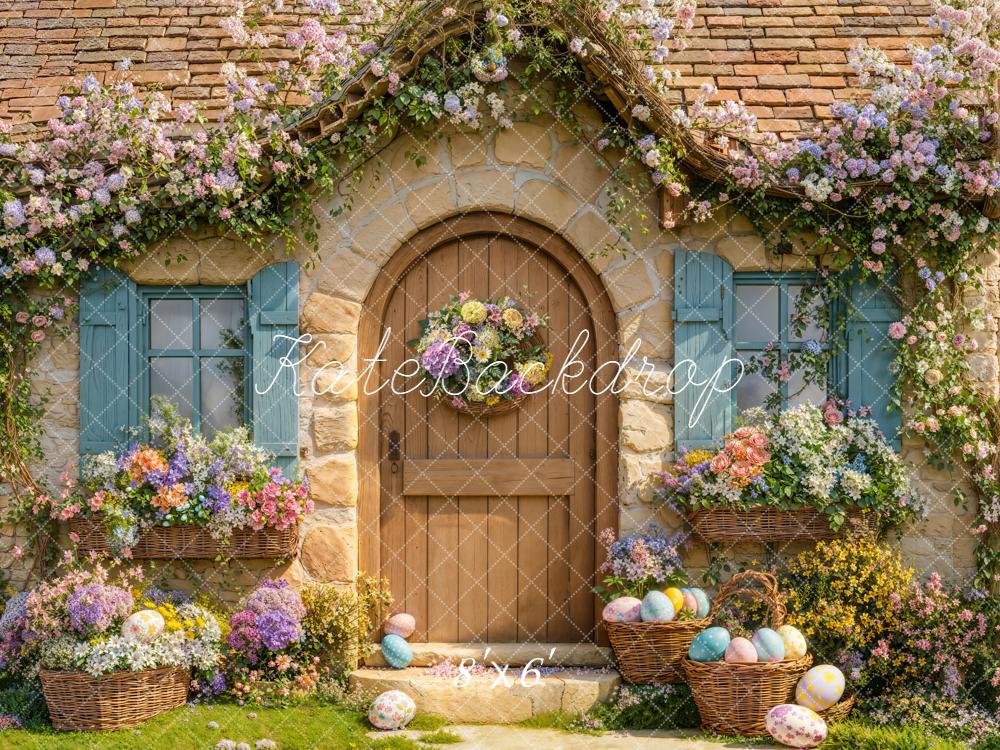 Kate Easter Bunny Floral Cottage Door Printed Backdrop Designed by Emetselch