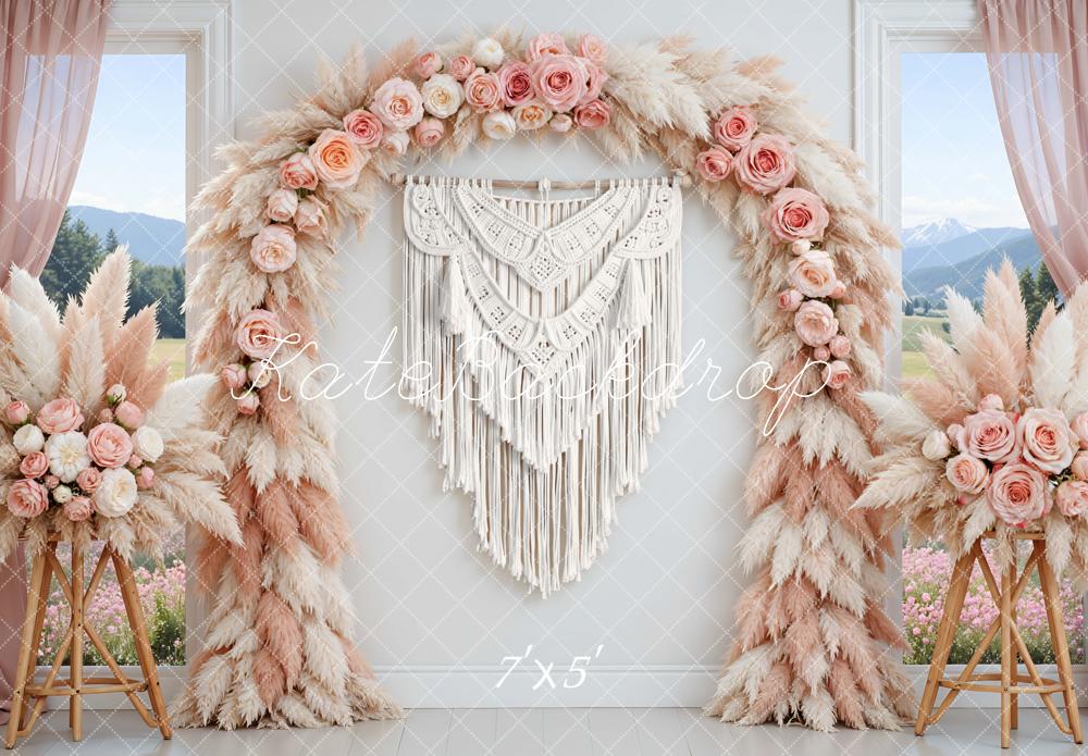 Kate Mother's Day Flower Arch Pink Pampas Macrame Printed Backdrop Designed by Mini MakeBelieve